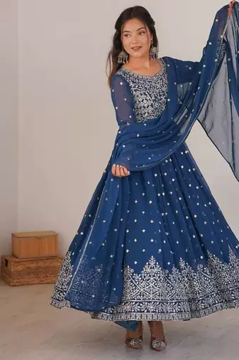 Teal blue designer embroidery work georgette anarkali set