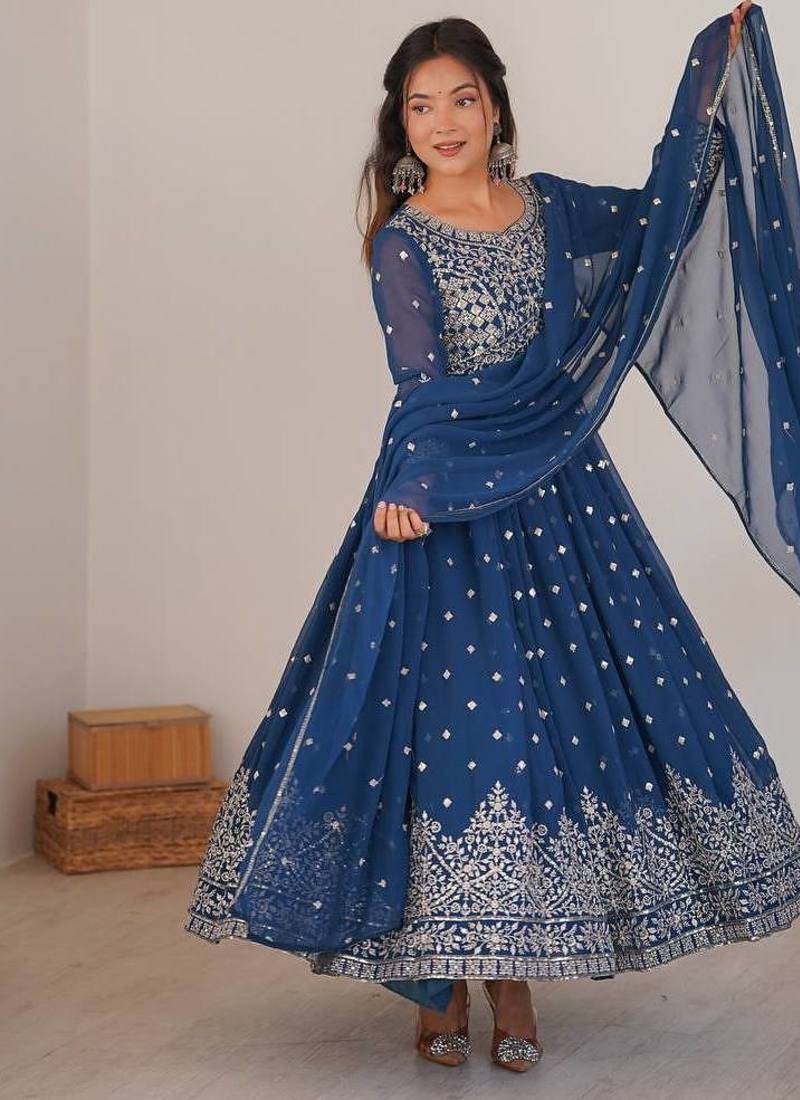 Teal blue designer embroidery work georgette anarkali set