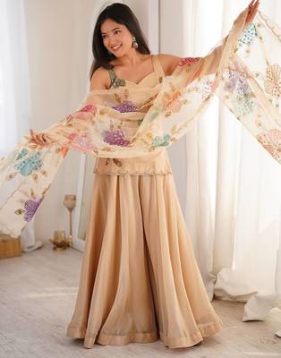 Cream printed & sequins work organza top with palazzo & dupatta 1