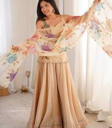 Cream printed & sequins work organza top with palazzo & dupatta