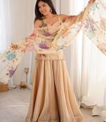 Cream printed & sequins work organza top with palazzo & dupatta