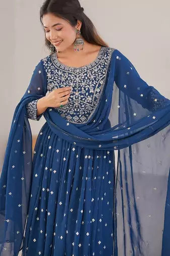 Teal blue designer embroidery work georgette anarkali set