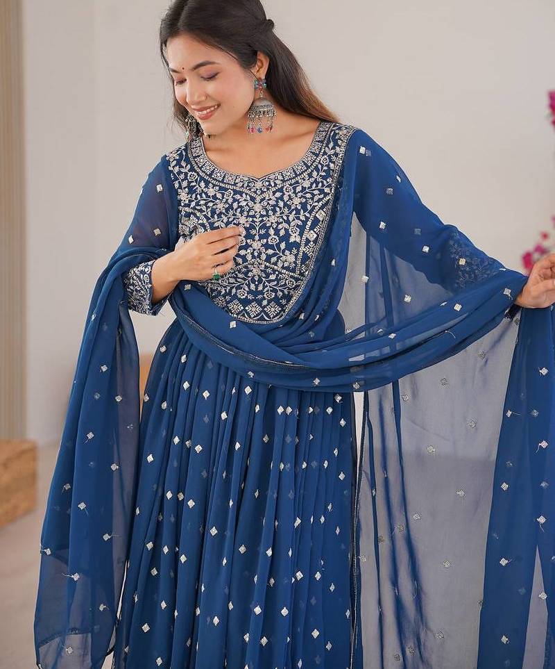 Teal blue designer embroidery work georgette anarkali set