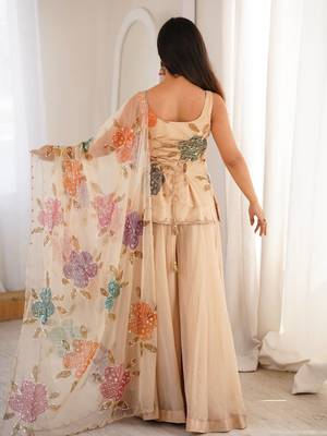 Cream printed & sequins work organza top with palazzo & dupatta 2