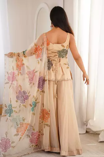 Cream printed & sequins work organza top with palazzo & dupatta