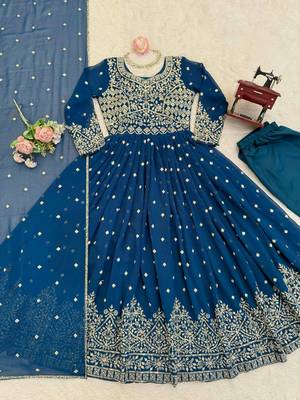 Teal blue designer embroidery work georgette anarkali set 5