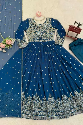 Teal blue designer embroidery work georgette anarkali set