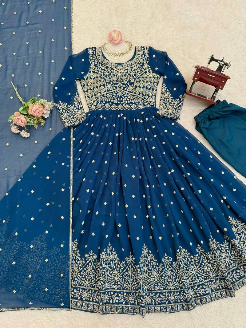 Teal blue designer embroidery work georgette anarkali set