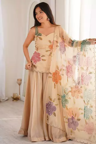Cream printed & sequins work organza top with palazzo & dupatta