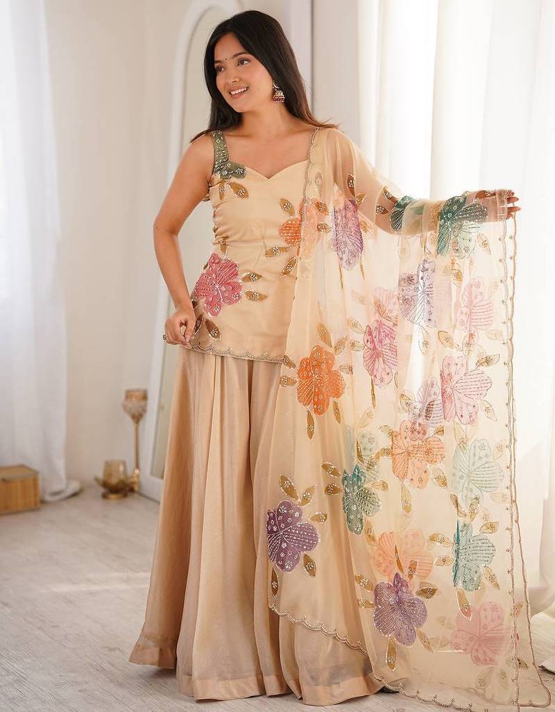 Cream printed & sequins work organza top with palazzo & dupatta