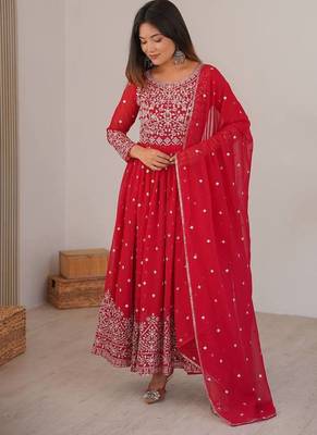 Red designer embroidery work georgette anarkali set 1