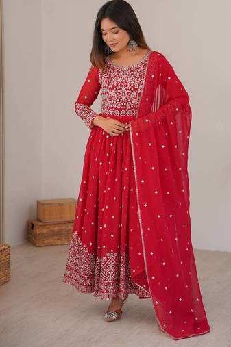 Red designer embroidery work georgette anarkali set
