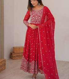 Red designer embroidery work georgette anarkali set