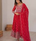 Red designer embroidery work georgette anarkali set