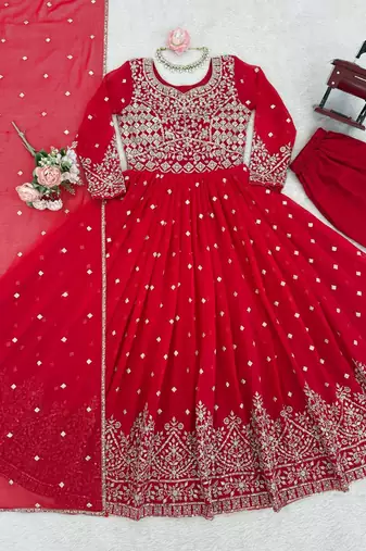 Red designer embroidery work georgette anarkali set