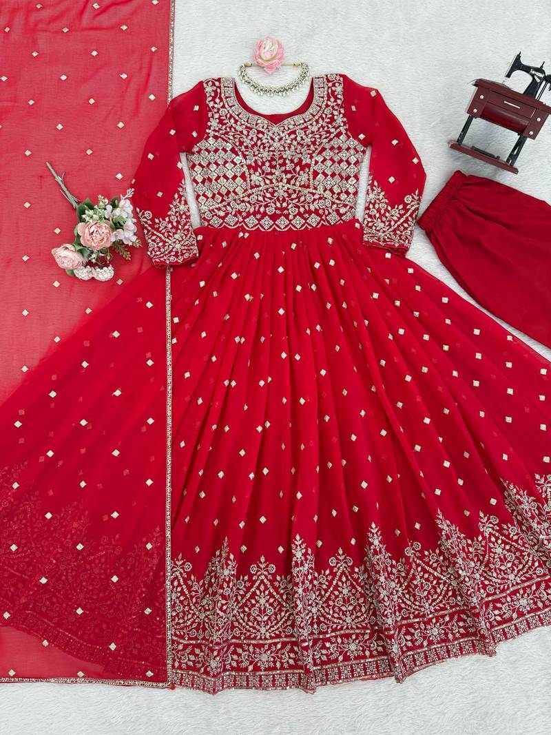 Red designer embroidery work georgette anarkali set