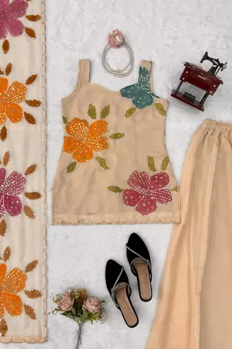 Cream printed & sequins work organza top with palazzo & dupatta