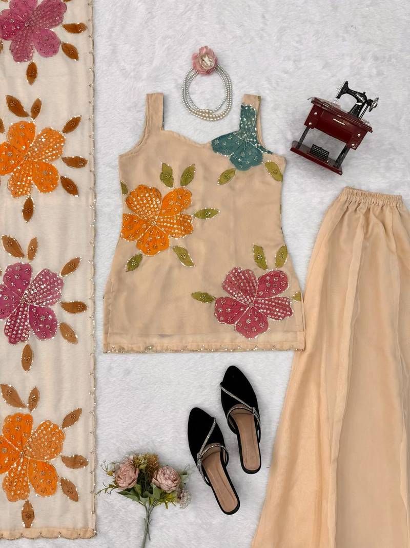 Cream printed & sequins work organza top with palazzo & dupatta