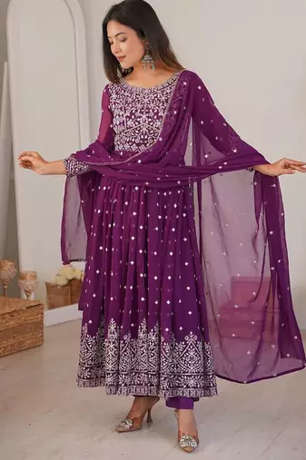 Wine designer embroidery work georgette anarkali set