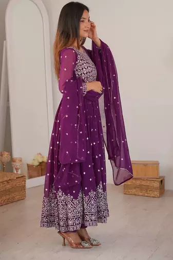 Wine designer embroidery work georgette anarkali set