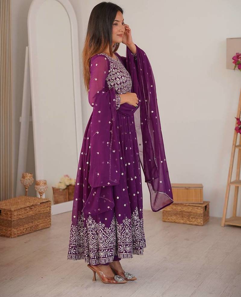 Wine designer embroidery work georgette anarkali set