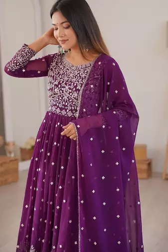 Wine designer embroidery work georgette anarkali set