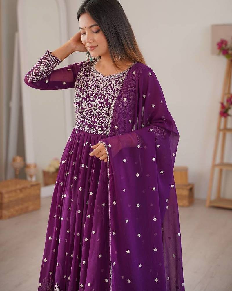 Wine designer embroidery work georgette anarkali set
