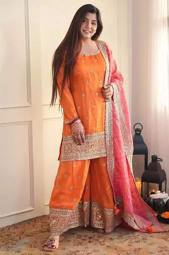 Orange thread & sequins work chinon kurta palazzo set
