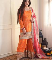 Orange thread & sequins work chinon kurta palazzo set