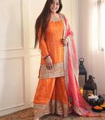 Orange thread & sequins work chinon kurta palazzo set