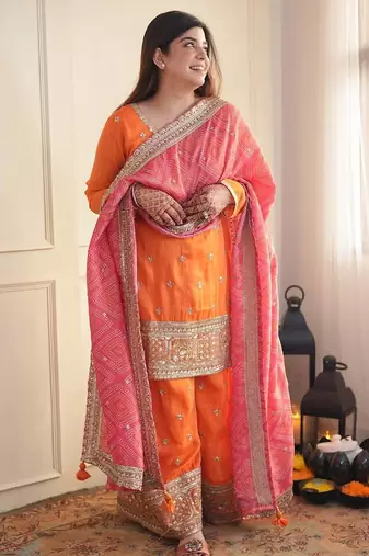 Orange thread & sequins work chinon kurta palazzo set