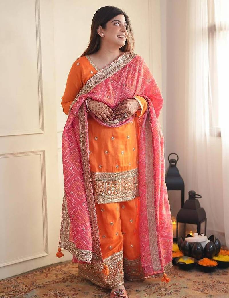 Orange thread & sequins work chinon kurta palazzo set