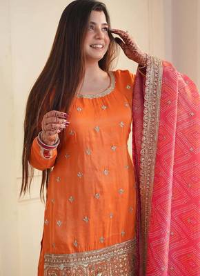 Orange thread & sequins work chinon kurta palazzo set 3