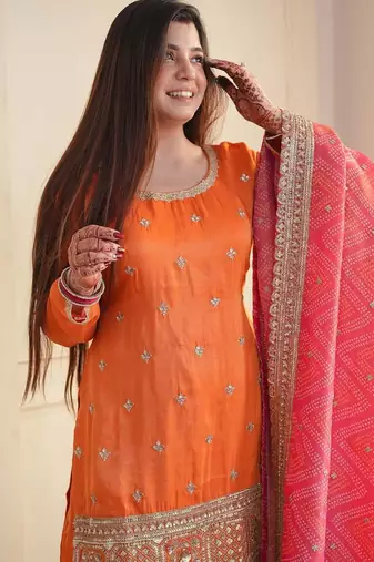 Orange thread & sequins work chinon kurta palazzo set