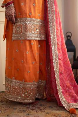 Orange thread & sequins work chinon kurta palazzo set 4