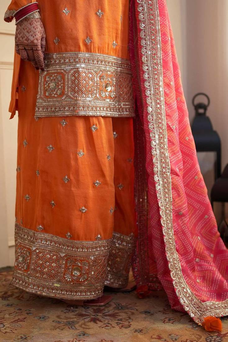 Orange thread & sequins work chinon kurta palazzo set