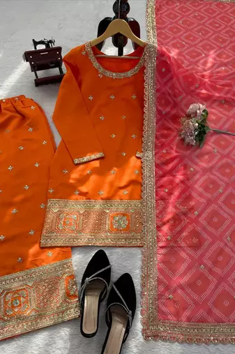 Orange thread & sequins work chinon kurta palazzo set