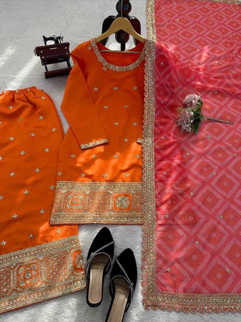 Orange thread & sequins work chinon kurta palazzo set