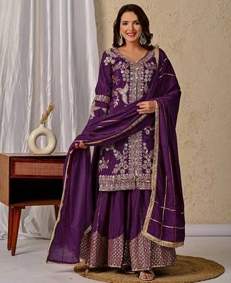 Purple  coding sequins work chinon kurta sharara set 1