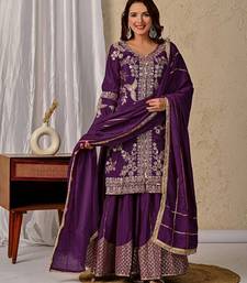 Purple  coding sequins work chinon kurta sharara set
