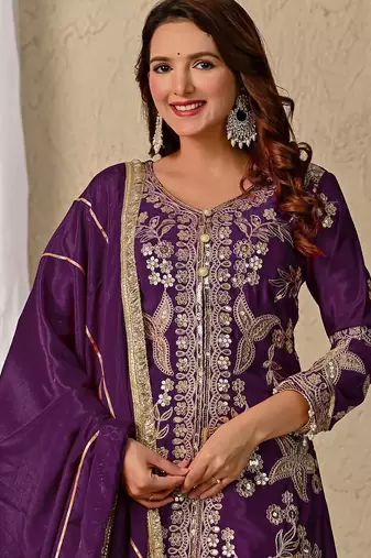 Purple  coding sequins work chinon kurta sharara set