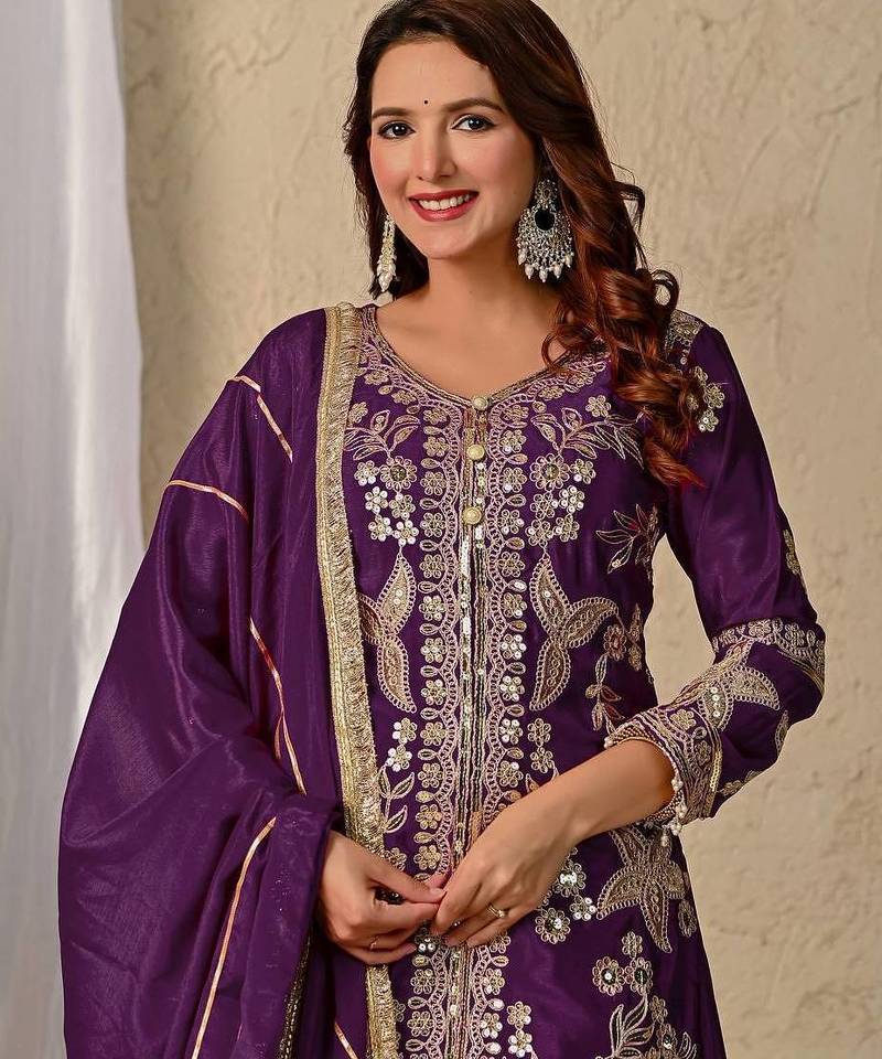 Purple  coding sequins work chinon kurta sharara set