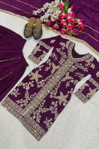 Purple  coding sequins work chinon kurta sharara set