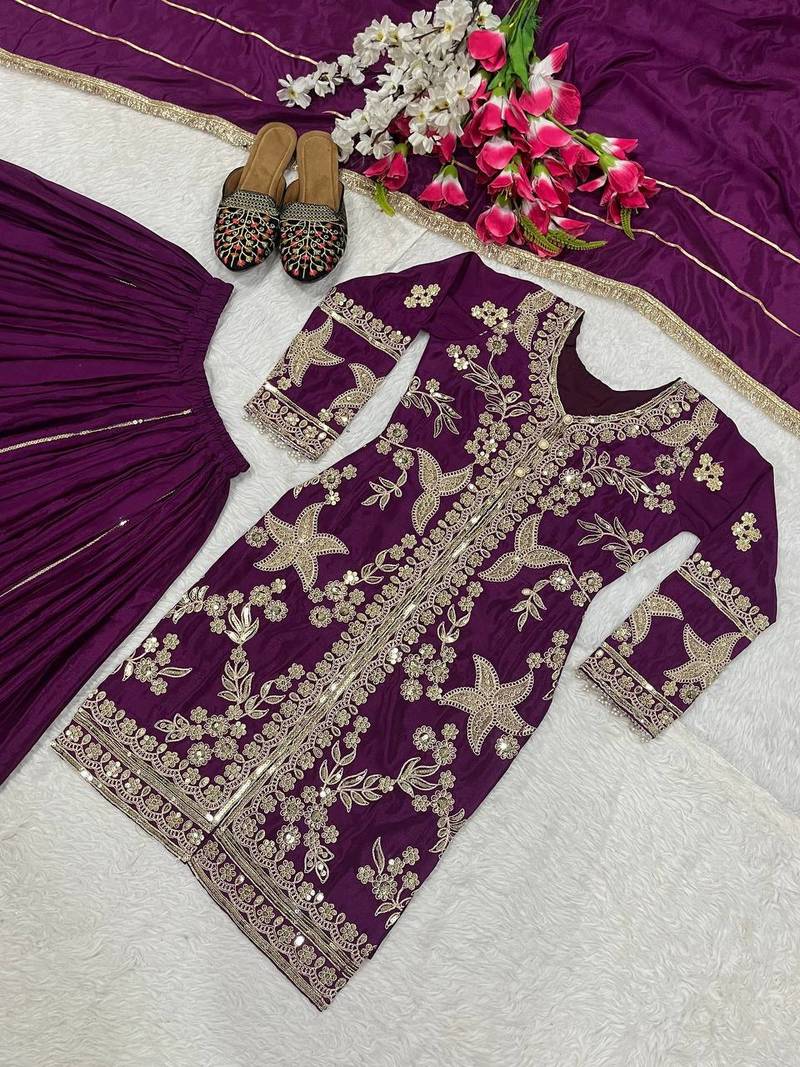 Purple  coding sequins work chinon kurta sharara set