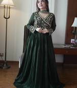 Dark green vichitra silk embroidered gown set