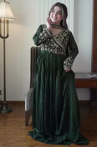 Dark green vichitra silk embroidered gown set