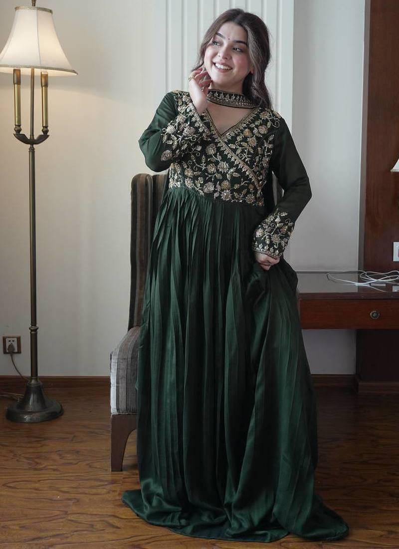 Dark green vichitra silk embroidered gown set