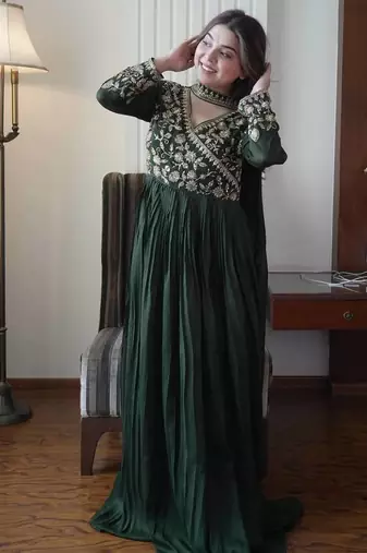 Dark green vichitra silk embroidered gown set