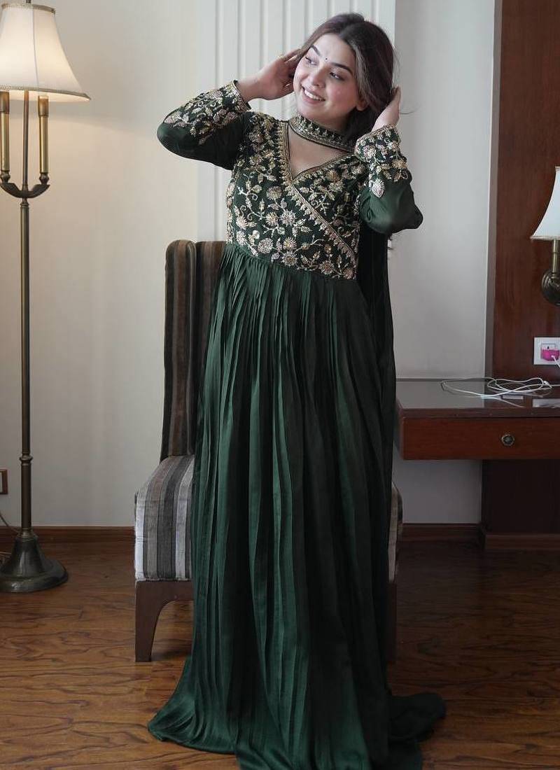 Dark green vichitra silk embroidered gown set