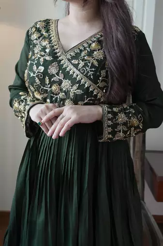 Dark green vichitra silk embroidered gown set